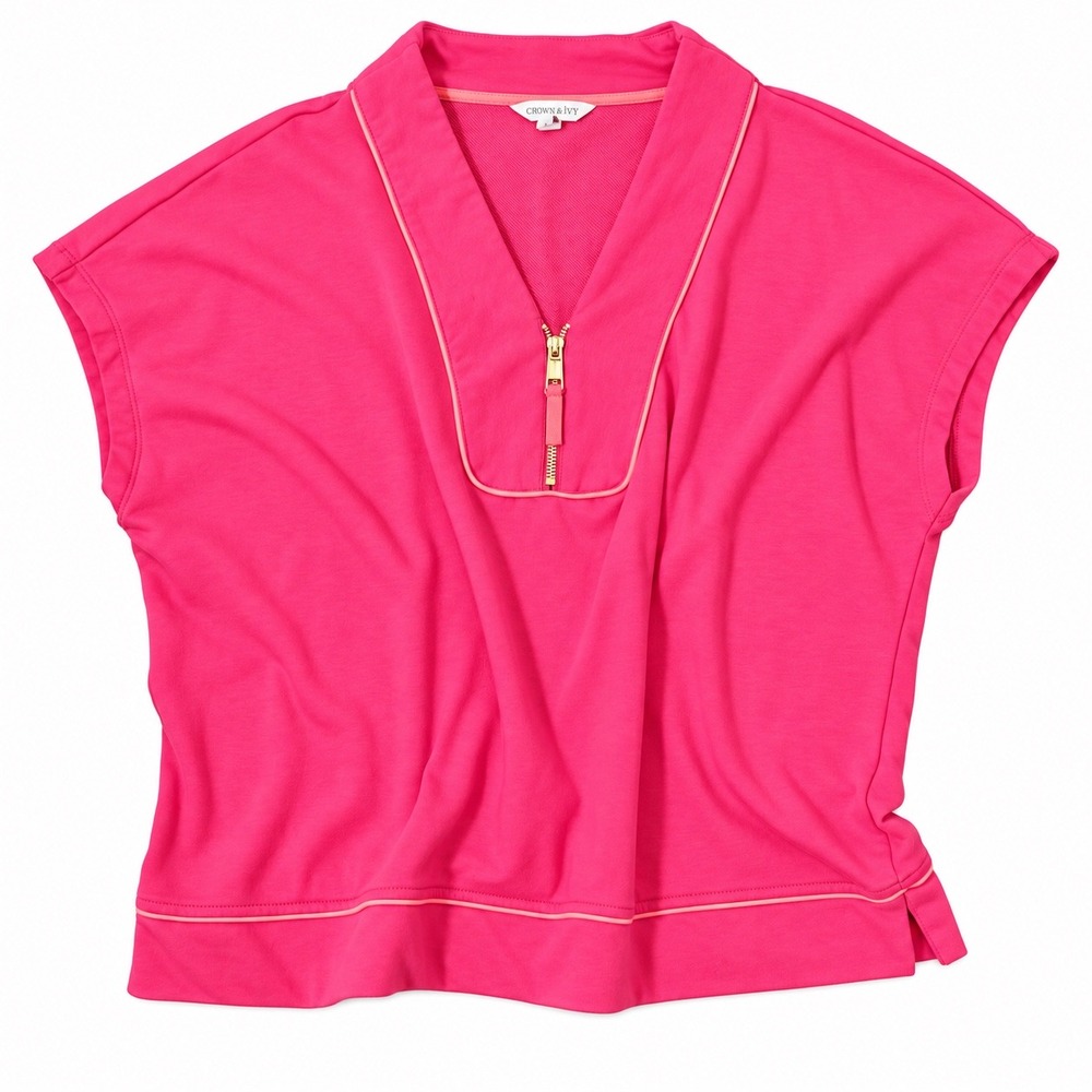 Coastal Chic Pink Resort Contrast Piping Top (LG) Preppy French Terry Summer